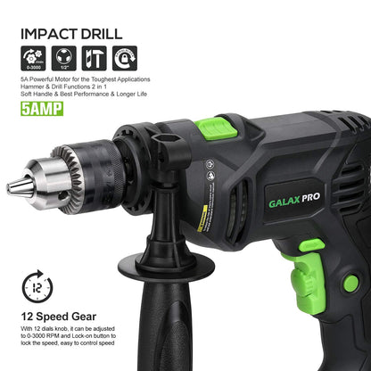 GALAX PRO 5Amp 1/2-inch Hammer Drill with 105pcs Accessories, Variable Speed 0-3000, Hammer and Drill 2 Functions in 1, 360°Rotating Handle, Depth Gauge, Carrying Case Included
