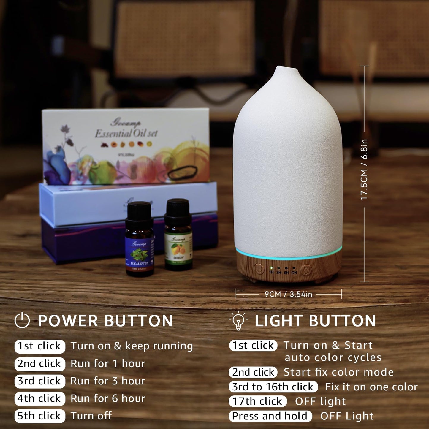 Gooamp 200ML Ceramic Essential Oil Diffuser - Ultrasonic Aromatherapy & Humidifier with 7-Color LED Lights, Auto Shut-Off, Wood Grain Base, 1H/3H/6H Timer | Scent for Home, Office, Yoga