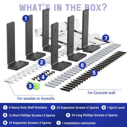 Goovilla Shelf Bracket, Heavy Duty Floating Shelf Brackets 6 inch Long, 6 Pack Brackets for Shelves, Black Coated Metal Wall Shelf Support Brackets with 1/5 Inch Thick and 160 lb. Load Capacity