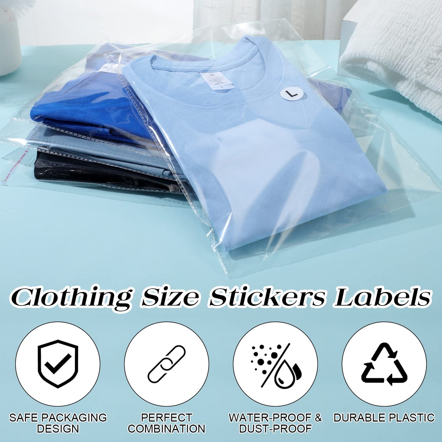 200 Pcs Resealable Poly Clear Shirt Bags with 7 Sizes 3500 Pcs Clothing Size Stickers Labels Self Sealing Plastic Bag for Small Businesses Packaging T Shirts Retail Storage(10 x 13 Inch)