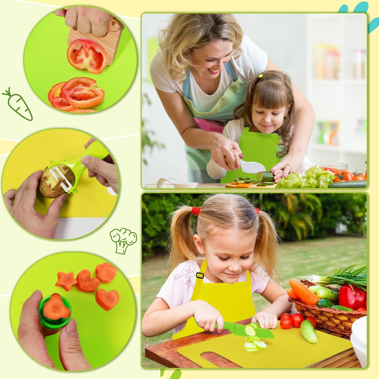 15 PCS Montessori Kitchen Tools for Toddlers Kids Cooking Sets, Apron, Serrated Toddler Knife, Crinkle Cutter, Sandwich Cutter, Wooden Fruit Knife, Y Peeler, Cutting Board for Cooking Kid Safe Knive