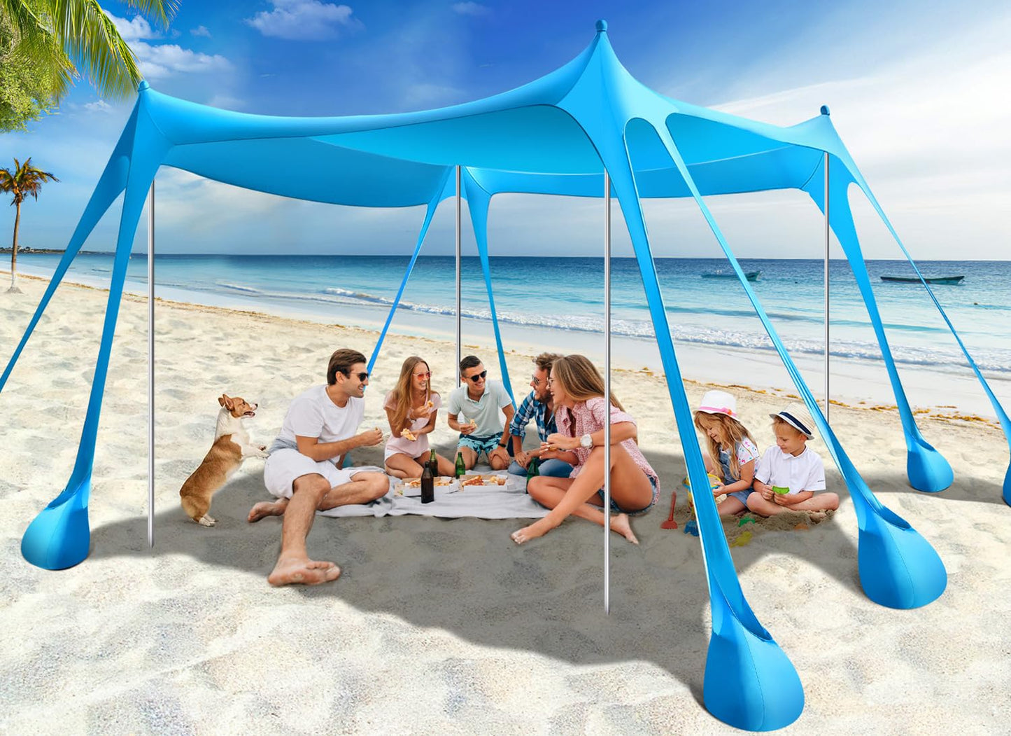 Rhino Valley Beach Tent, 10 x 10 FT Beach Shade UPF50+ Protection, Beach Canopy with 8 Sandbags 4 Stability Poles, Outdoor Beach Tent Sun Shelter Umbrella for Sand,Camping,Fishing Essentials, Sky Blue