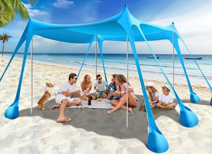 Rhino Valley Beach Tent, 10 x 10 FT Beach Shade UPF50+ Protection, Beach Canopy with 8 Sandbags 4 Stability Poles, Outdoor Beach Tent Sun Shelter Umbrella for Sand,Camping,Fishing Essentials, Sky Blue