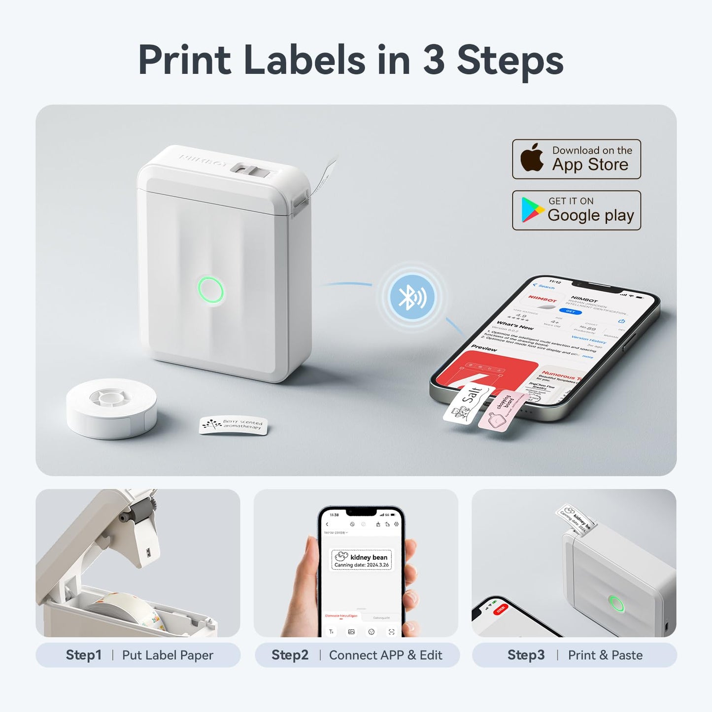 NIIMBOT D110 Upgraded Version Mini Label Maker Machine with 3 Tapes, Portable Bluetooth Thermal Printer, Sticker Labeler with Multiple Templates for Office Organization Home Kitchen School, White