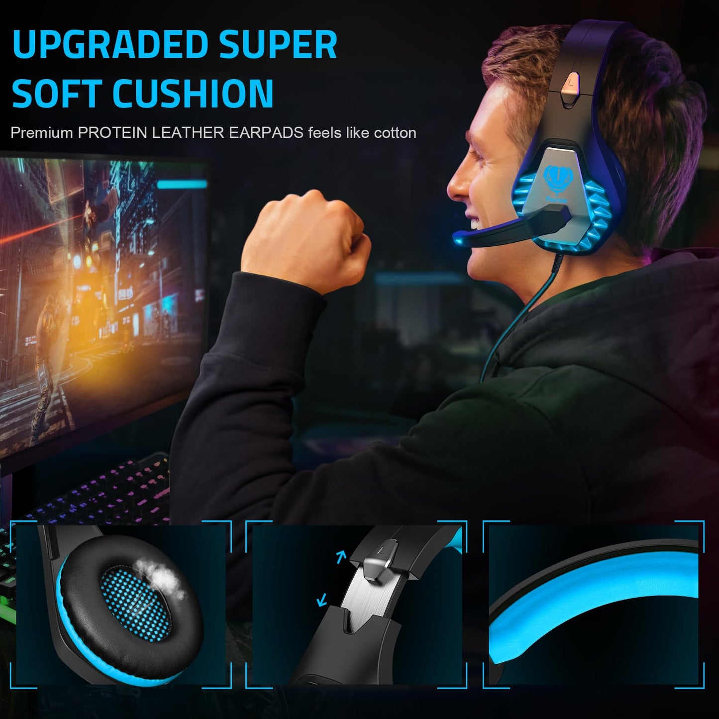 Gaming Headset with Microphone for PC, PS4, PS5, Headset Noise Cancelling Gaming Headphones for Switch, Laptop, Mac, Xbox Series X/S, Headphones with LED Lights, Deep Bass for Kids Adults, Black Blue