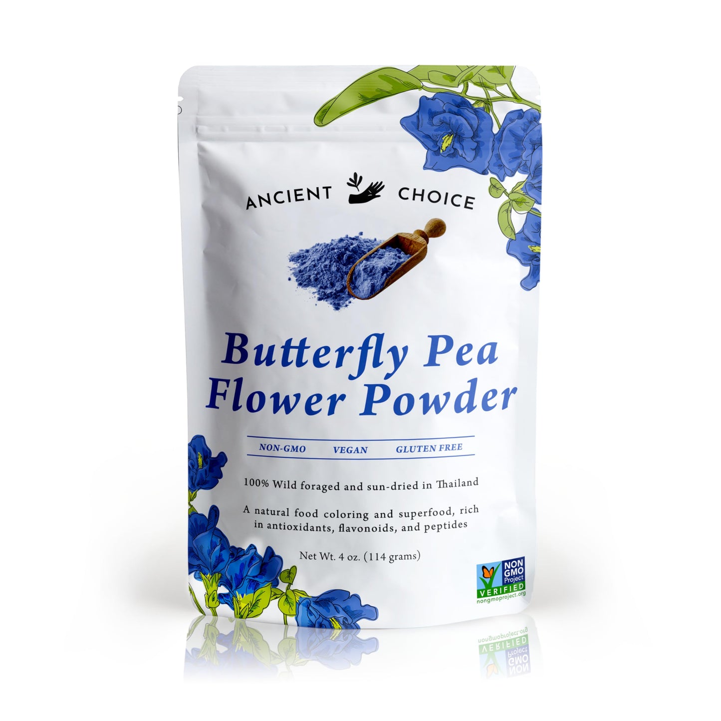 Ancient Choice - Butterfly Pea Flower Powder (4 ounce) | Blue Matcha Tea | Ceremonial (Highest) Grade | Adaptogenic Raw Culinary | Natural Food Coloring | Thai Non-GMO | Vegan