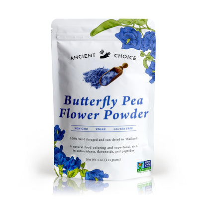 Ancient Choice - Butterfly Pea Flower Powder (4 ounce) | Blue Matcha Tea | Ceremonial (Highest) Grade | Adaptogenic Raw Culinary | Natural Food Coloring | Thai Non-GMO | Vegan