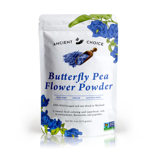 Ancient Choice - Butterfly Pea Flower Powder (4 ounce) | Blue Matcha Tea | Ceremonial (Highest) Grade | Adaptogenic Raw Culinary | Natural Food Coloring | Thai Non-GMO | Vegan
