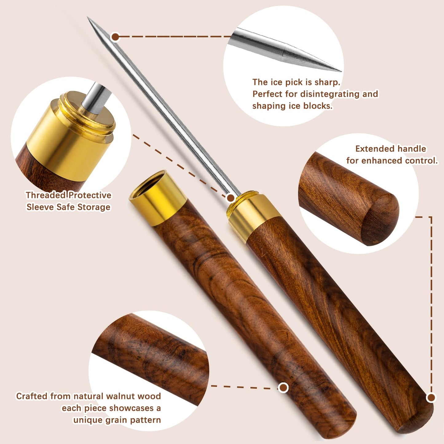 QiBaLee Ice Pick 2Pcs. Ice Picks for Breaking Ice. 9 Inches Length. Secure Wooden Caps and Non-slip Wooden Handles. Easy to Store. For Use in Kitchen Bars Bartender Picnics Camping& Restaurant