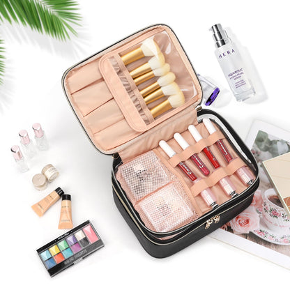 OCHEAL Makeup Bag, Double Layer Cosmetic Bag, Large Capacity Travel Makeup Organizer Bag, Make up Bags for Women and Girls Traveling Toiletry Bag With Handle and Divider-Black