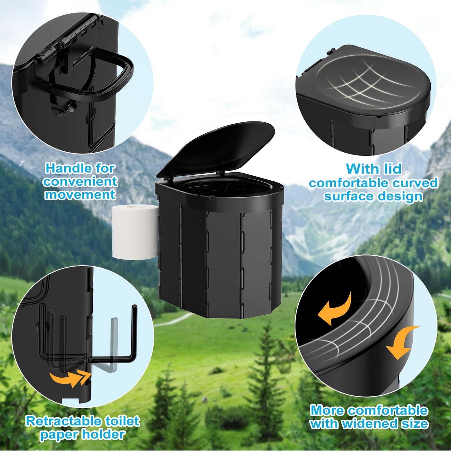 Portable Camping Toilet, Folding Toilet for Adults with Lid and Retractable TP Holder, Waterproof Porta Potty with Carry Bag and Disposible Liners for Camping, Hiking, RV Travel