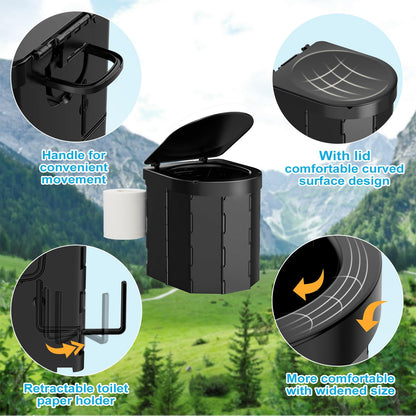 Portable Camping Toilet, Folding Toilet for Adults with Lid and Retractable TP Holder, Waterproof Porta Potty with Carry Bag and Disposible Liners for Camping, Hiking, RV Travel