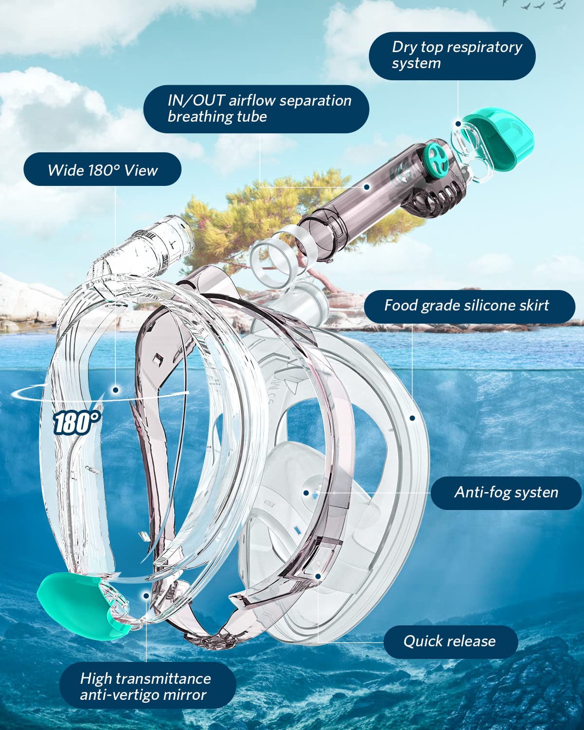 QingSong Full Face Snorkel Mask for Adults, Snorkeling Gear with Camera Mount, 180 Degree Panoramic View Snorkel Set Anti-Fog Anti-Leak