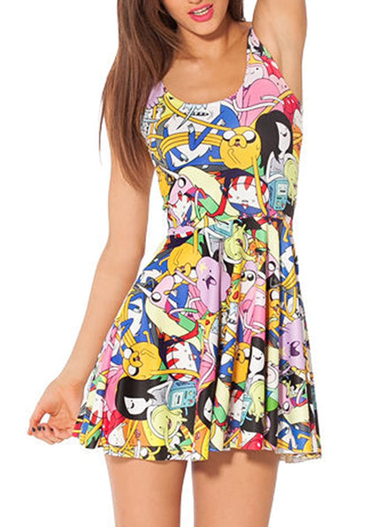 QZUnique Women's Cartoon Printed Stretchy Sleeveless Pleated Fit and Flare Skater Dress Shaping Breathable Dress