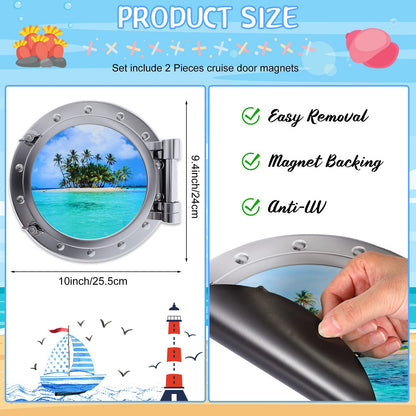 2 Pcs Cruise Door Decorations Magnetic Porthole Cruise Door Magnets 10 Inch Set Palm Tree Dolphin Turtle The Sea Nature Scenery Fridge Decor for Carnival Car(Beach Style)