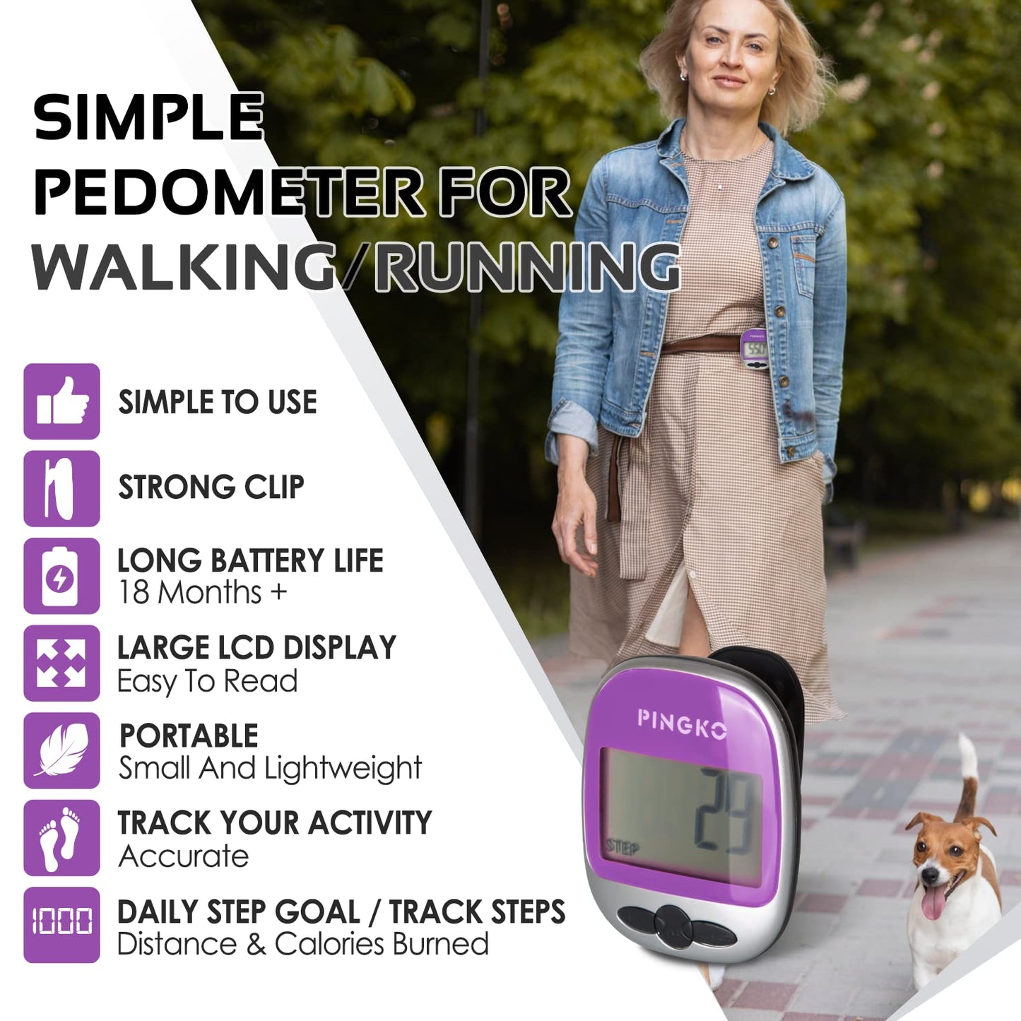 PINGKO Outdoor Multi-Function Portable Sport Pedometer Step/Distance/Calories/Counter - Purple