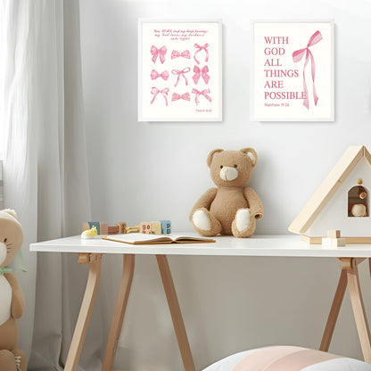 LARTSFRO Coquette Pink Bow Wall Art Decor Posters, Pink Bow Christian Room Bedroom Bathroom Dorm Wall Art Decor Aesthetic for College Teen Girls Gifts, Inspirational Bible Verses Bow Wall Decor, 10x8 Inch Set of 4 Pcs Bow Pictures (UNFRAMED)