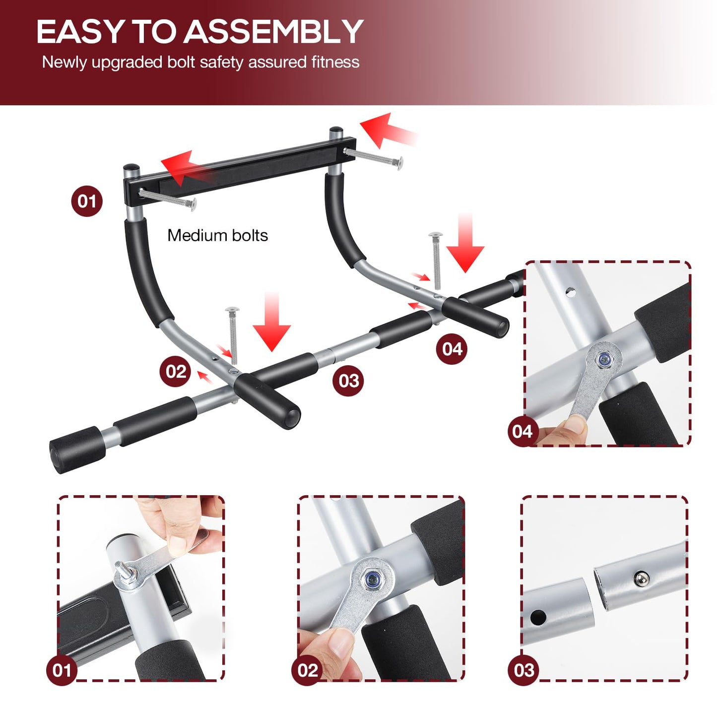 GYE Doorway Pull Up Bar for Home Gym, Adjustable Width, Heavy-Duty Steel，Max Limit 440 lbs Upper Body Fitness Workout Bar with Foam Grips，Indoor Portable Upper Body Workout Bar for Strength Training