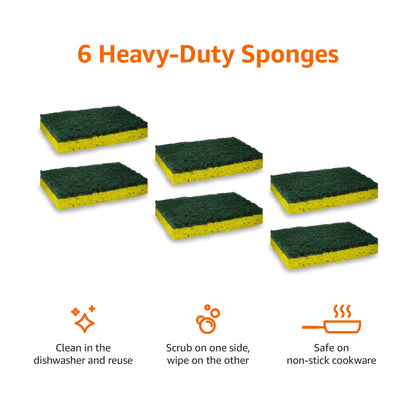 Amazon Basics Cleaning Sponges, Multipurpose, Heavy Duty Scrub Sponges, Yellow/Green, 6-Pack