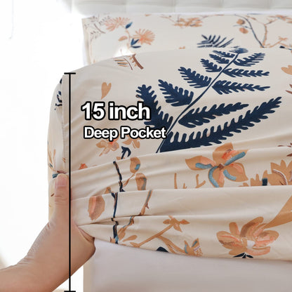 JSD Boho Floral Printed Sheet Set Queen Size 4 Piece, Soft Botanical Pattern Microfiber Sheets Extra Deep Pocket