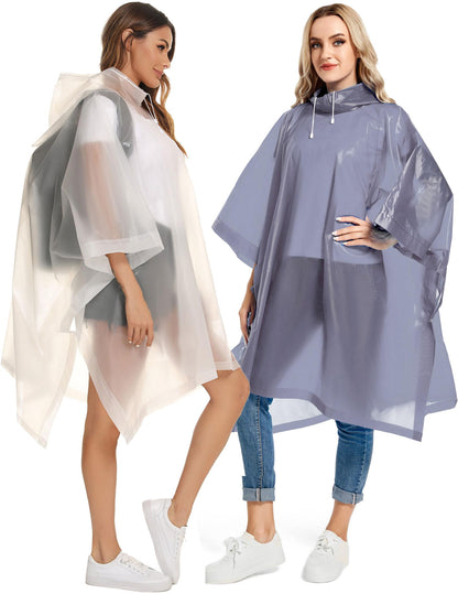 Borogo 2 Pack Rain Ponchos for Adults Reusable - Raincoats Survival Emergency Heavy Duty Rain Coat with Drawstring Hood White&Grey