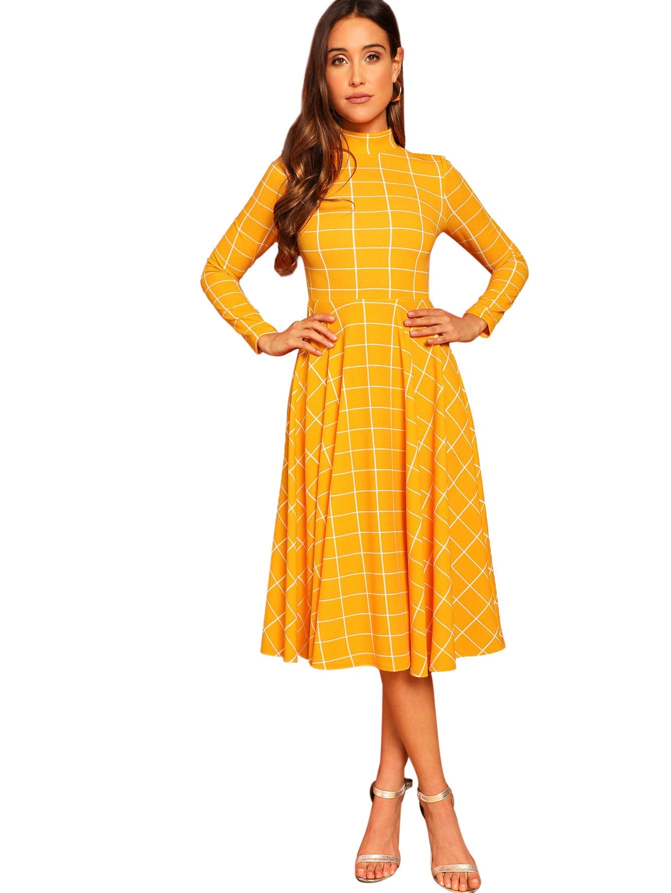 Floerns Women's Fit and Flare Plaid High Neck Long Sleeve Midi Dress Yellow Plaid L
