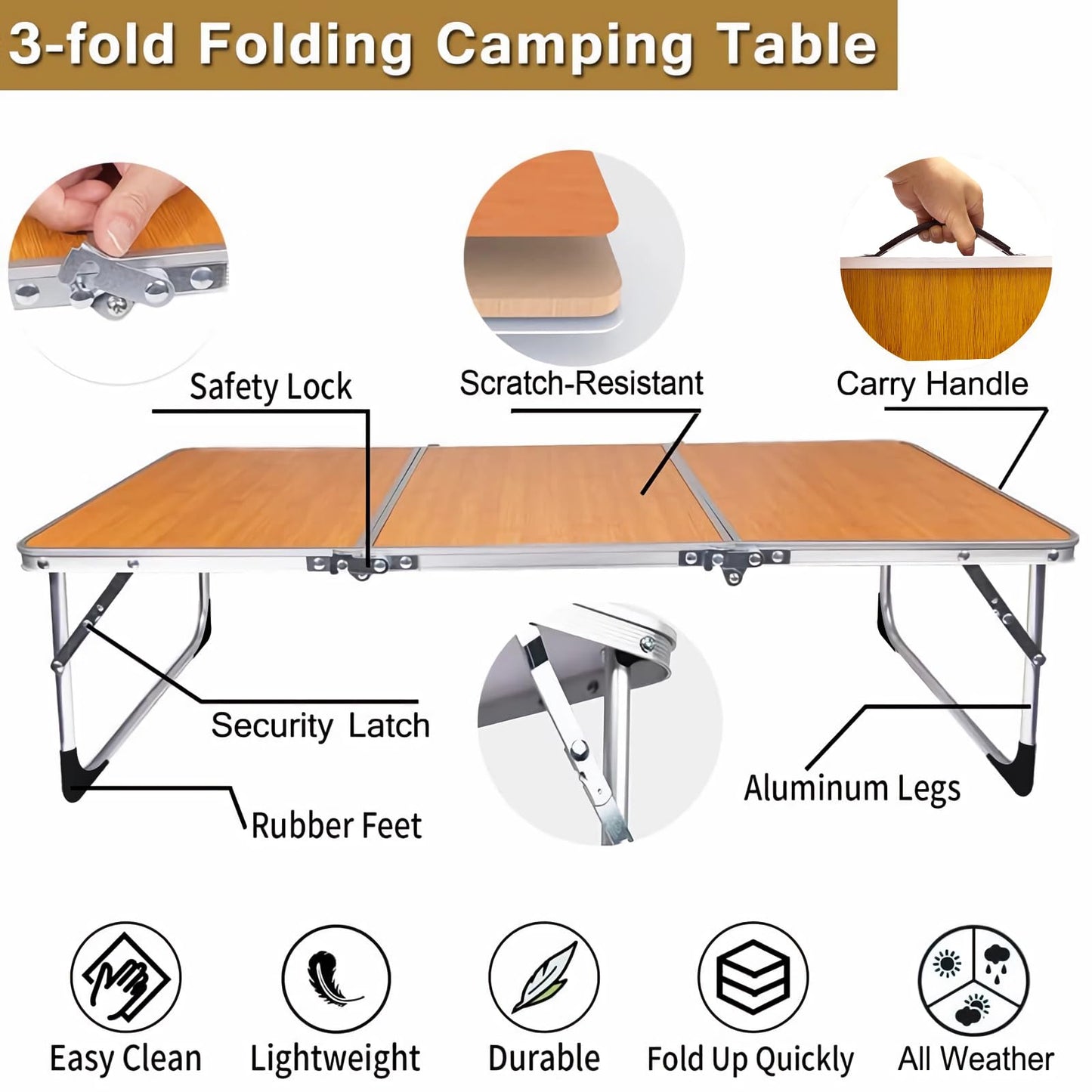 PLANEXPERT Folding Camping Table,3 Feet Portable Outdoor Table with Aluminum Legs,3 Fold Lightweight Beach Table with Handle,Camping Accessories for Home Picnic BBQ Garden Cooking