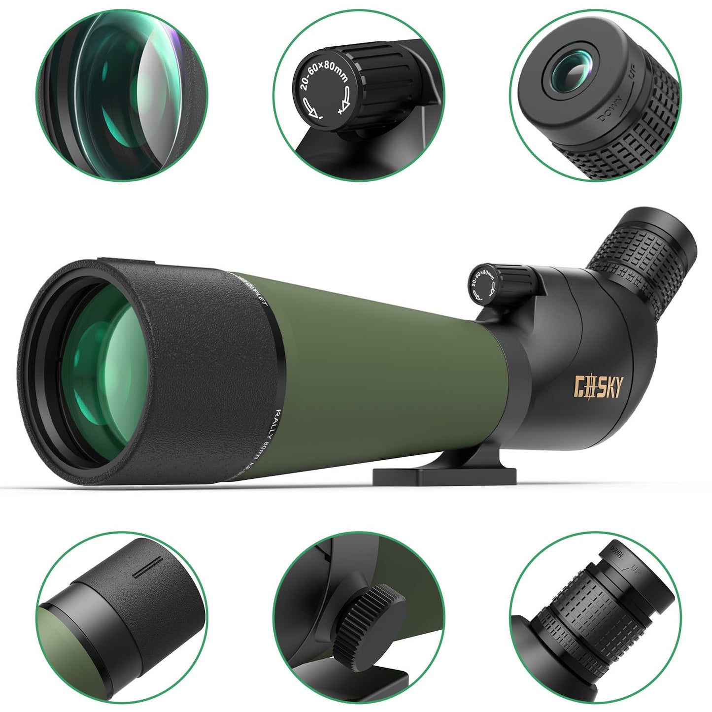 Gosky Flagship DiamondEdge 20-60x80 Spotting Scope with Tripod, Carrying Bag and Quick Phone Holder - BAK4 High Definition Waterproof Spotter Scope for Bird Watching Wildlife observing,Green