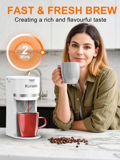 Karosie Single Serve Coffee Maker for K-Cup and Ground Coffee, Fast Brew, 6-12 oz Brew Sizes One Cup Coffee Machine Fits 5.5" Mugs, One-Button Small Coffee Maker with Descaling Reminder,White