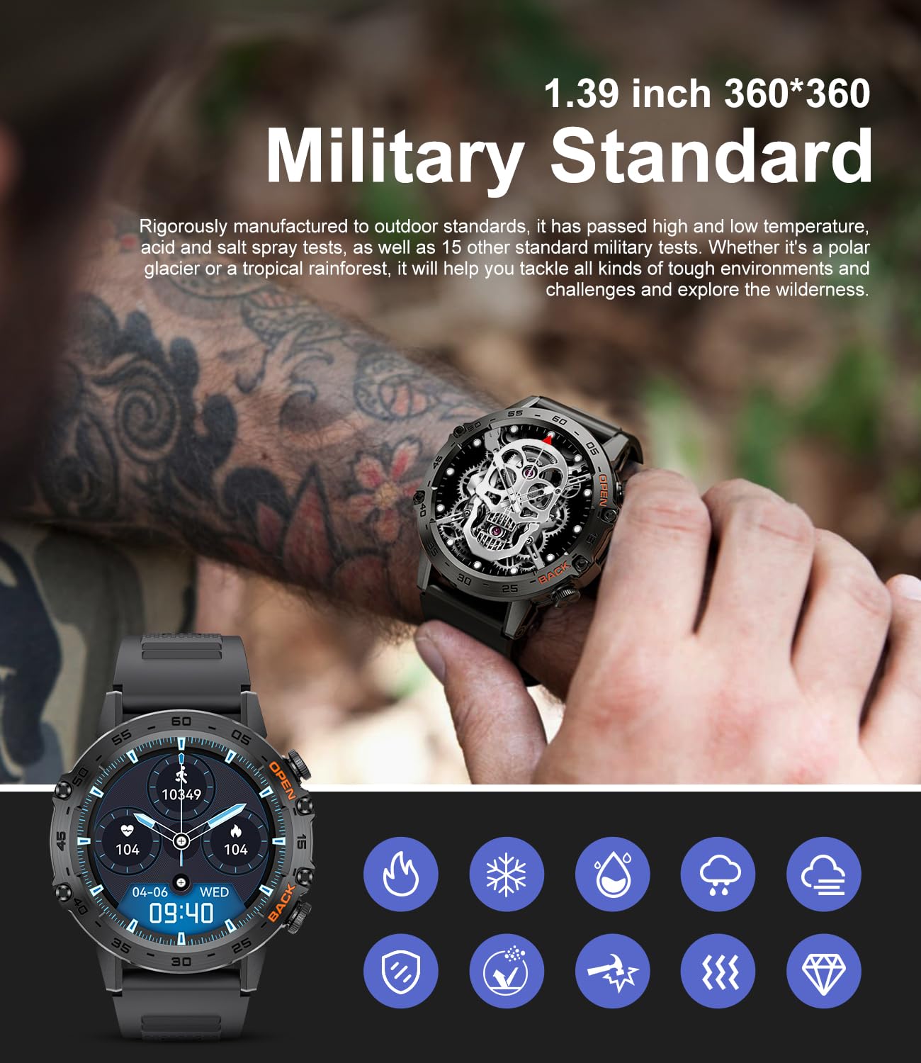 Military Smart Watch for Men(Answer/Dial Calls),100 Sports Modes, 5ATM Waterproof Fitness Watch with Heart Rate/SpO2/Blood Pressure for Android and iOS,1.39''HD DIY Screen Smartwatch Black
