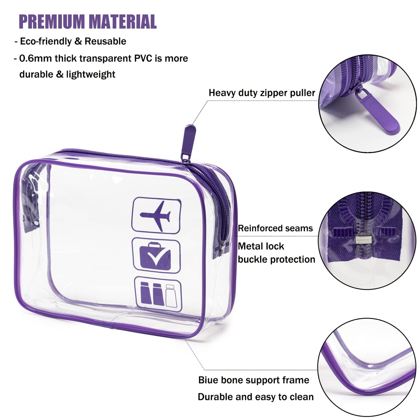 MODENGKONGJIAN TSA Approved Toiletry Bag, 3 Pcs Clear Toiletries Bags Quart Size Travel Makeup Cosmetic Bag for Women Men, Carry on Airport Airline Compliant Bag (Purple)