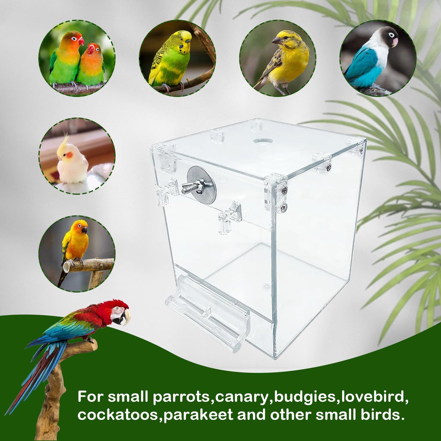 PINVNBY Bird Bath Box for Cage,Transparent Parakeet No-Leakage Bathtub Hanging Cube Tube Shower Box Cages Accessory with Water Injector and Balls Toys for Pet Birds Canary Parakeet Cockatoos (8 Pcs)