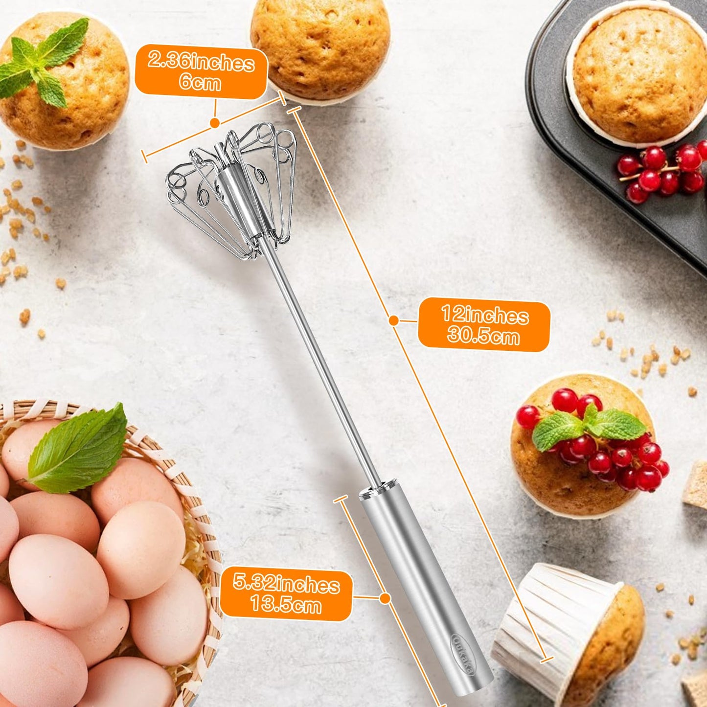 Qukaka Hand mixer egg beater,stainless steel semi automatic whisk,egg spinner,wisking tool,whipped cream dispenser,easy whisks for cooking,Beating&Stirring(12in)