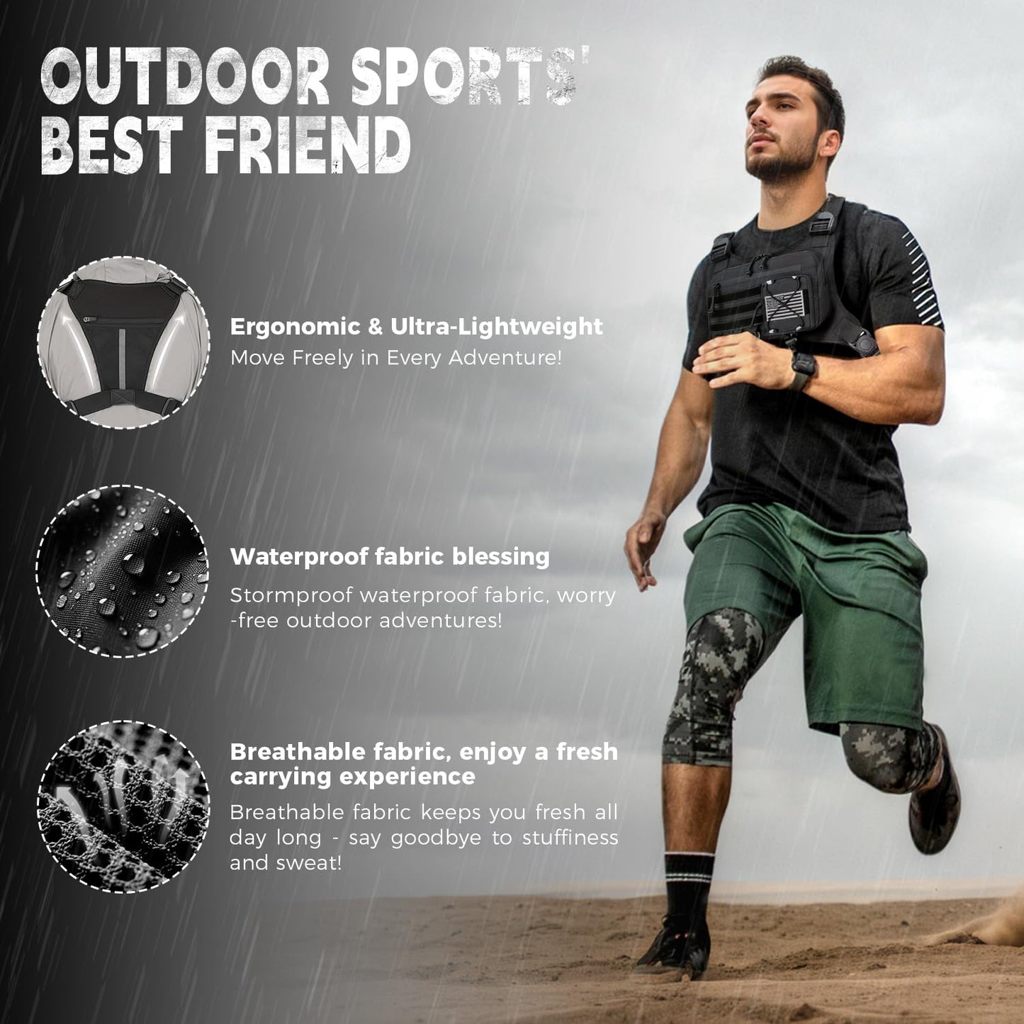 Outdoor Sports Chest Bag for Men, Chest Vest Holster Fits Most Pistols, Adjustable EDC Travel Chest Pack for Running, Hiking, Workouts (Black)