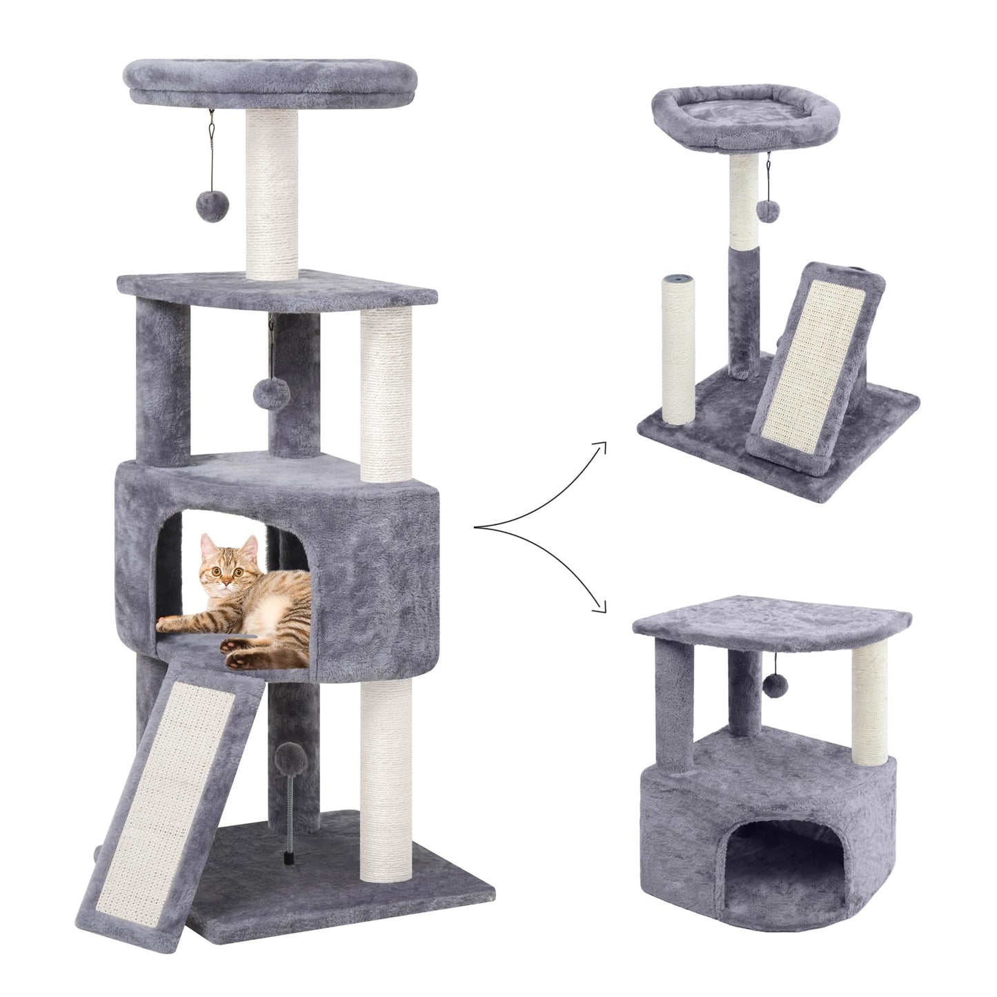 HUITREE 45in Cat Tree Tower with Big Condo for Indoor Kitten,Cat Tower with Scratching Post,Scratching Board and Cat Toys,Multi-Level,Small Space,Transformer Cat Tree, Grey(New)