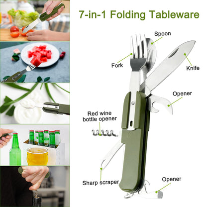 EZYoutdoor 7-in-1 Camping Utensils - Portable Stainless Steel Camping Fork Spoon Knife Set for Hiking, Picnics Outdoor Enthusiasts, and Travel - Essential Survival Utensil Tool Kit