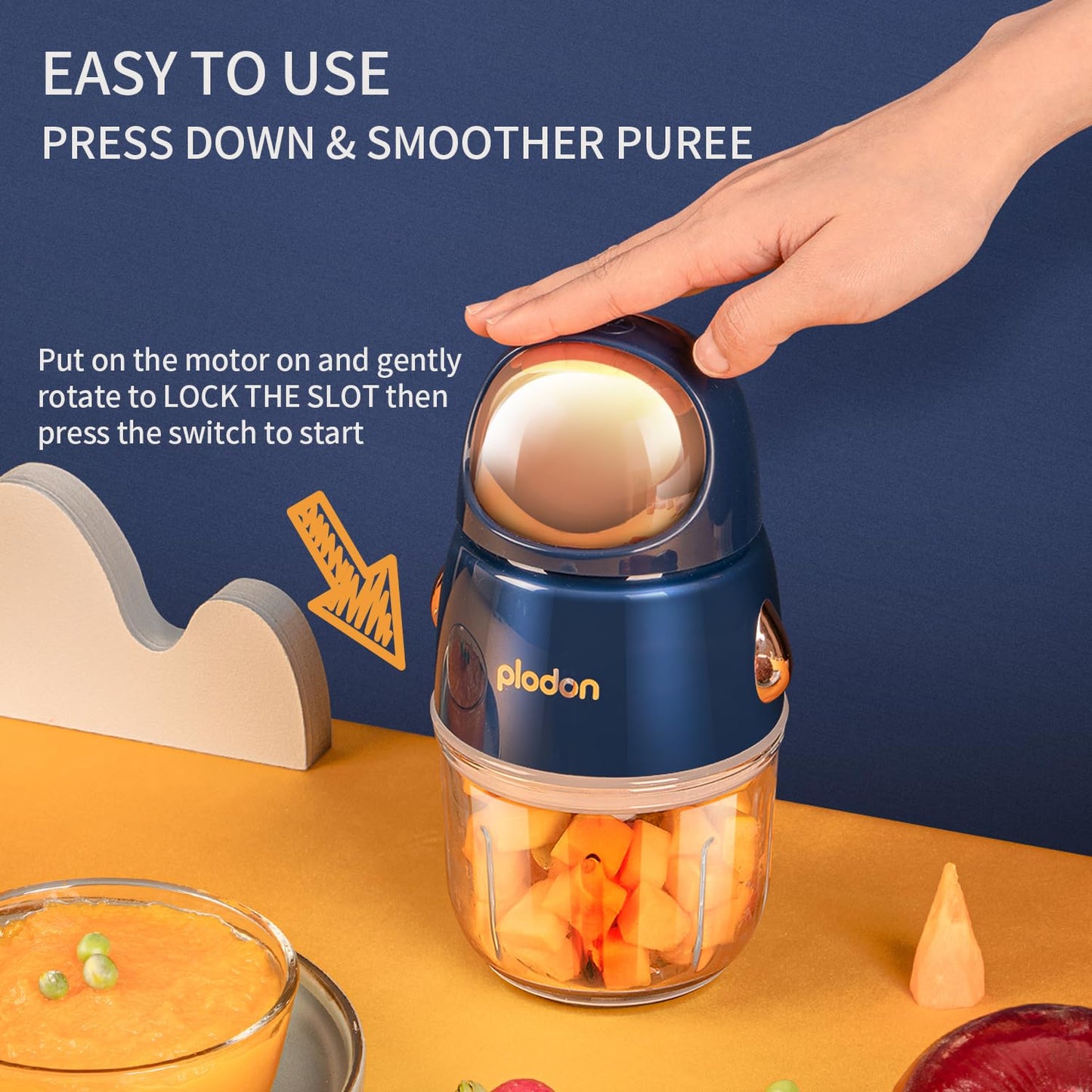 Plodon Baby Food Maker Mini Cute and Small Food Processor Puree Blender Grinder Chopper 300ml Cup Glass Bowl with 8 Blade Electric (Spaceman-Blue)