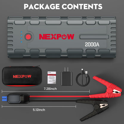 NEXPOW 2000A Peak Car Jump Starter with USB Quick Charge 3.0 (Up to 7.0L Gas or 6.5L Diesel Engine), 12V Portable Jump Box, Battery Booster with Built-in LED Light