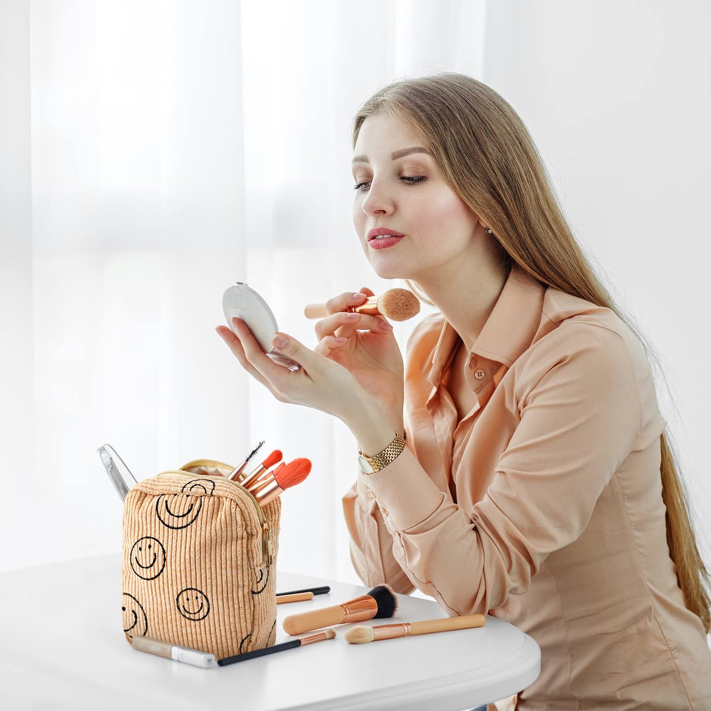 Photect 3 Pcs Corduroy Cosmetic Bag Smile Face Aesthetic Preppy Pencil Pouch Purse Travel Beauty Makeup Bags for School Christmas Women Holiday Organizer Gifts(Stylish,Yellow, Gray, Blue)