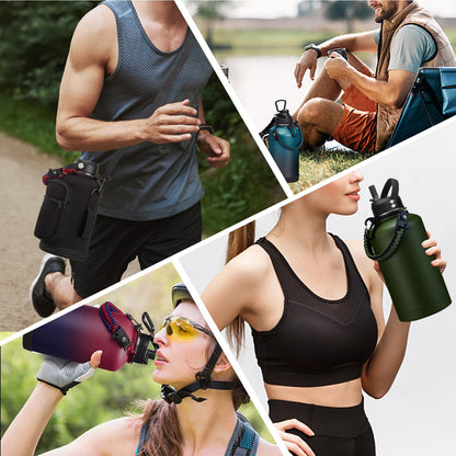 64oz Insulated Water Bottle with Straw & Auto Spout Lid - (Cold 48H & Hot 24H) Half Gallon Stainless Steel Water Jug with Paracord Handle, Metal Tactical Military Water Flask with Carrier Strap Bag