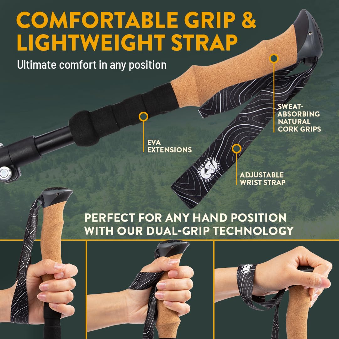 Premium Foldable Hiking Poles by USA Brand - Adjustable, Lightweight Trekking Poles Made of Aircraft Aluminum, Metal Flip Locks & Comfortable Real Cork and EVA Foam Grips
