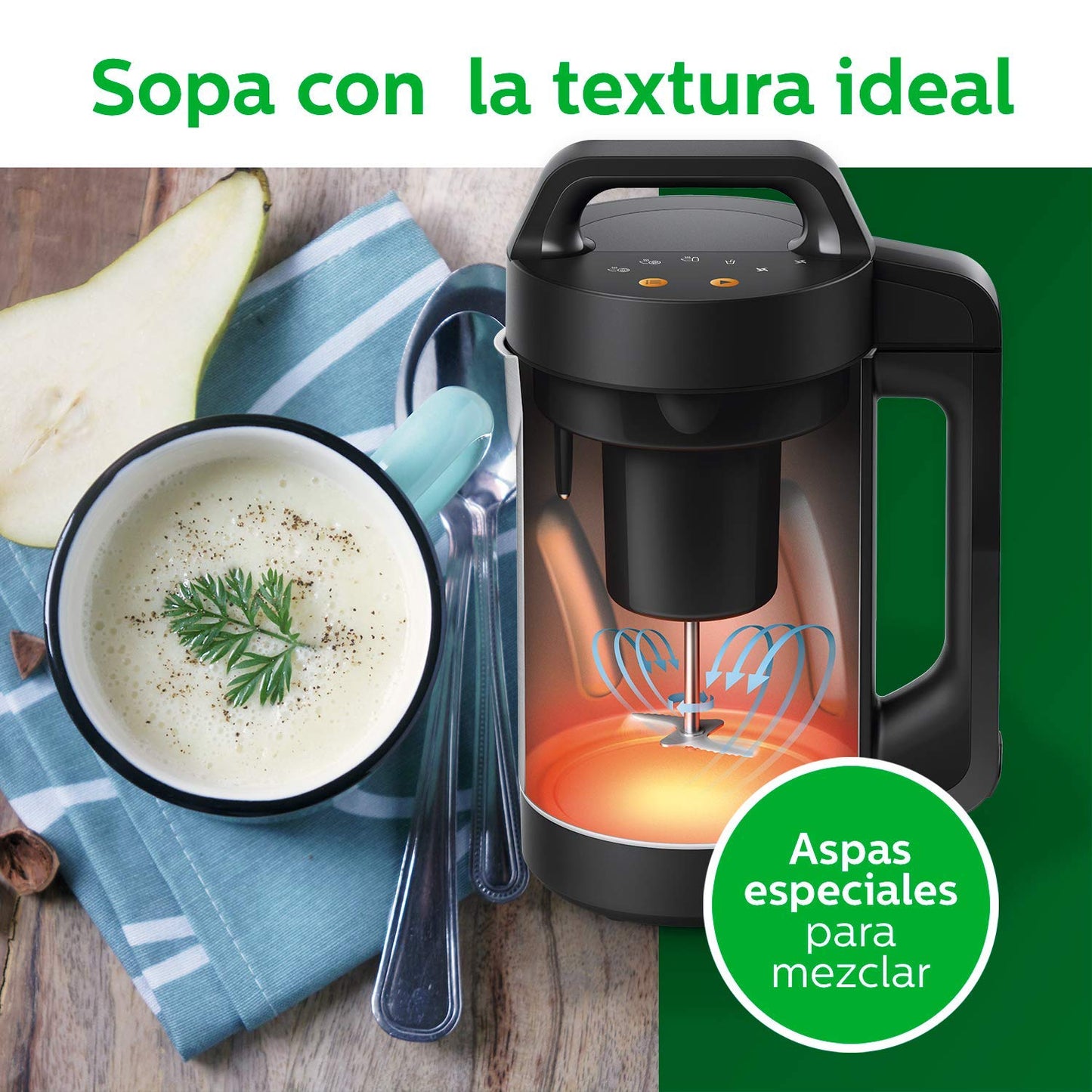 Philips Viva Collection SoupMaker, 1.2 L, Makes 2-4 servings, 6 Pre-set Programs, SoupPro Technology, Soup in Less than 18 Minutes, Eeasy Clean, Recipe Book, Black and Stainless Steel (HR2204/70)