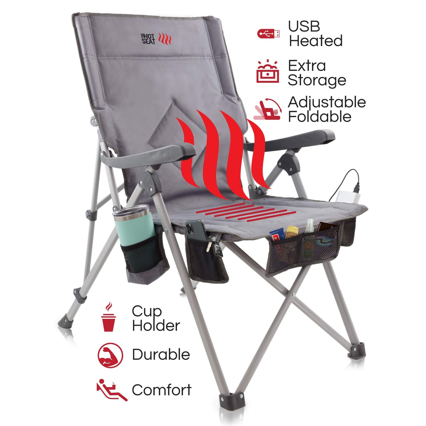 POP Design The Hot Seat, USB Heated Portable Folding Camping Chair, Perfect for Outdoor, Lawn, Patio, Sports, Beach, or Picnics. (Battery Pack NOT Included)