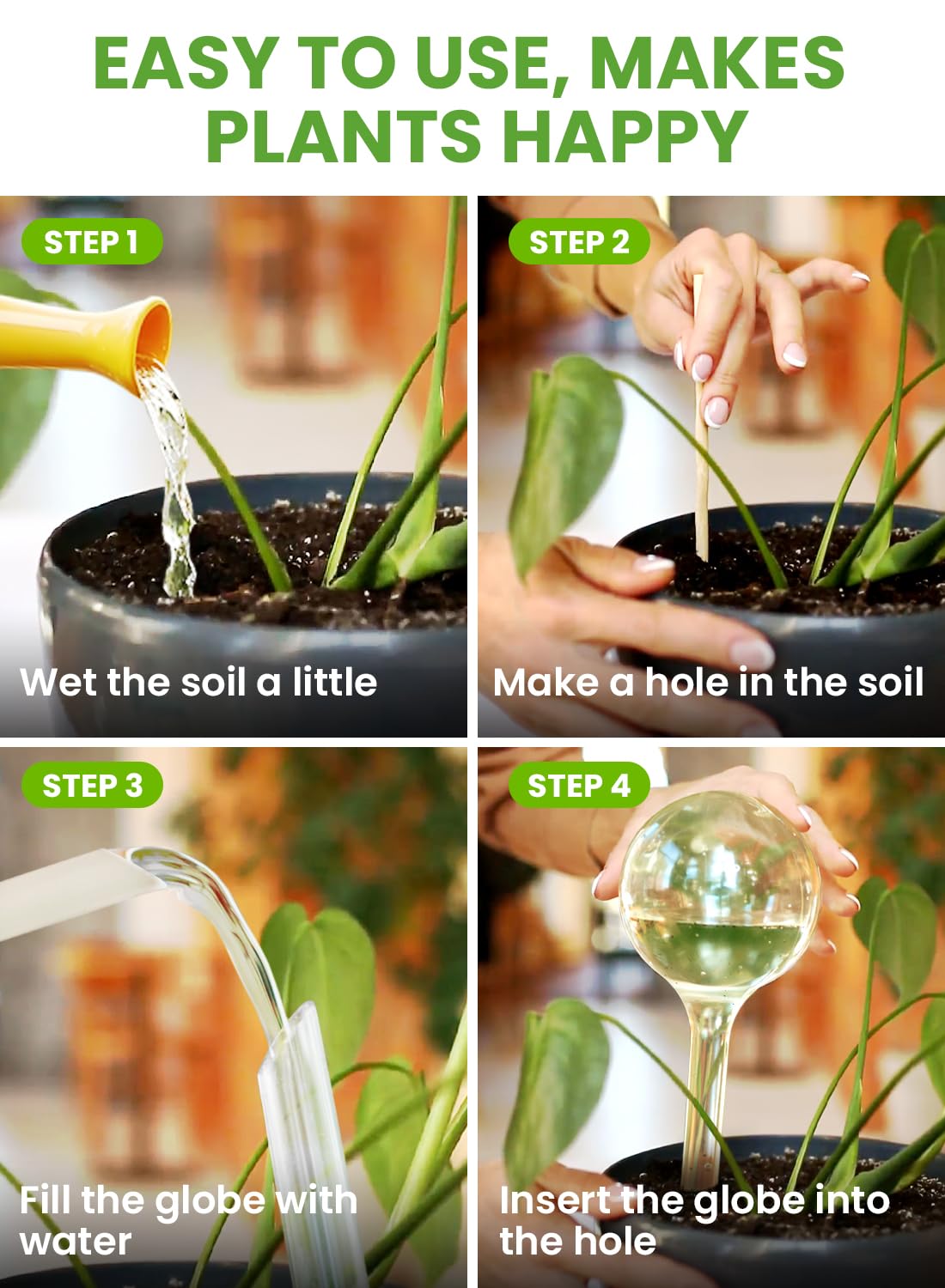 Plant Watering Globes Plastic Set of 4 - Automatic Plant Waterer Set for Indoor and Outdoor Plant Watering - Self Watering Planter Insert System with Plastic Watering Bulbs (4 pcs, Globes)