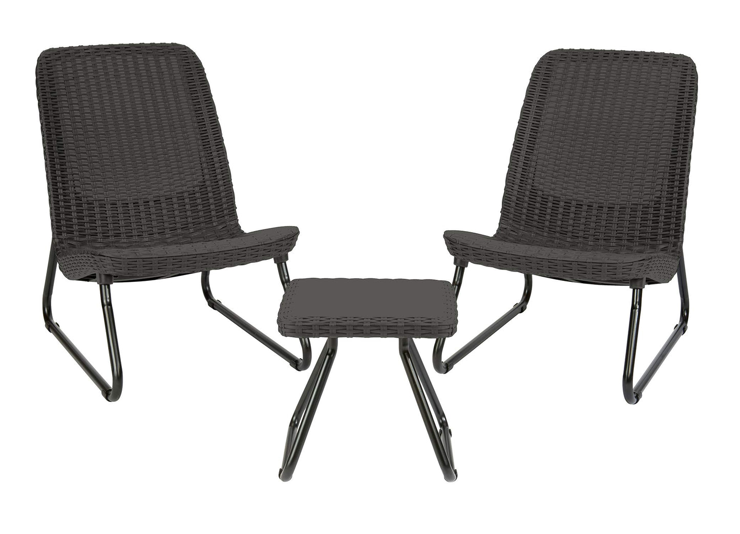 Keter Rio 3 Piece Resin Wicker Patio Furniture Set with Side Table and Outdoor Chairs for Front Porch and Backyard Decor, Dark Grey