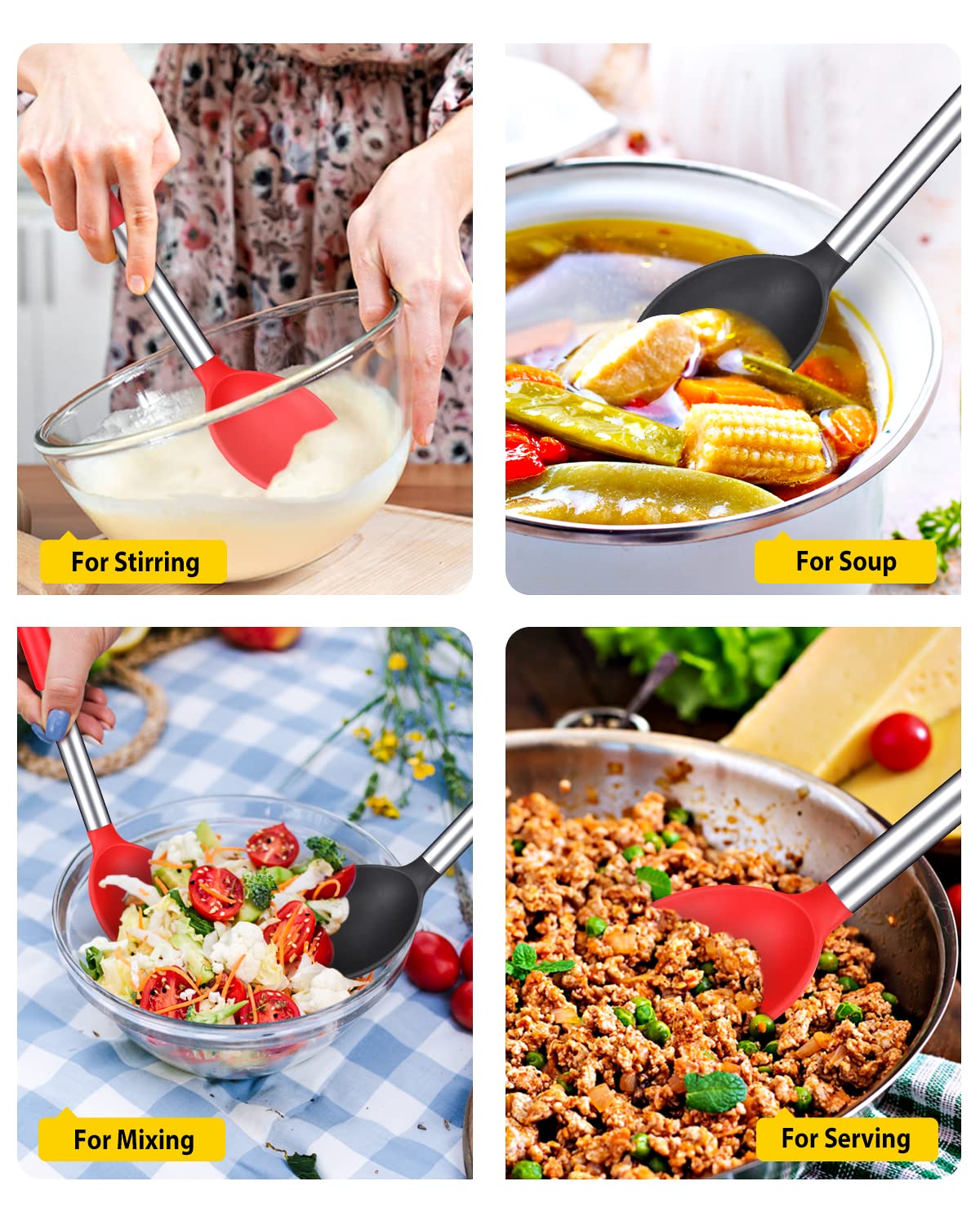 Pack of 2 Large Silicone Cooking Spoon Non Stick Solid Basting Spoons Heat-Resistant Kitchen Utensils for Mixing Serving (Black-Red)