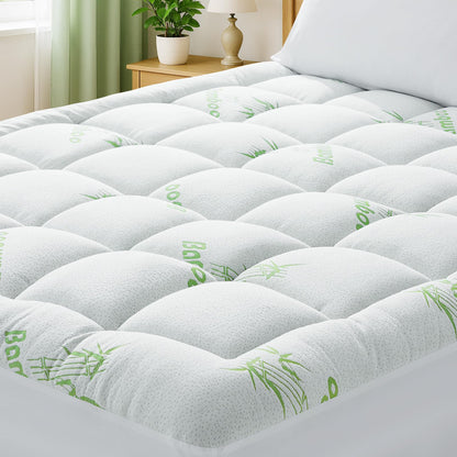 HYLEORY Mattress Topper Queen Size - Thick Bamboo-Viscose Cooling Pillow Top Mattress Pad Breathable Fluffy Soft Mattress Cover with 8-21" Deep Pocket, Green
