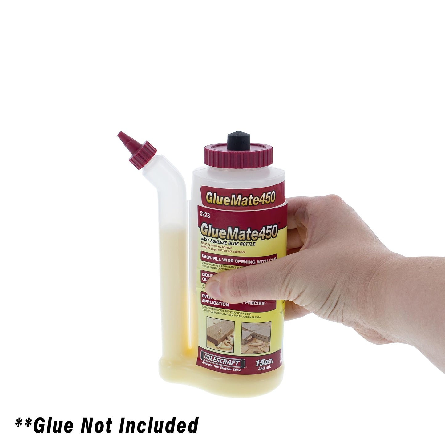 Milescraft 5223 Glue Mate 450-15oz. (450ml) Precision Wood Glue Bottle - Anti-Drip - Dowel and Biscuit Tips Included - Easy Flow Multi-Chamber Design - Ideal for Woodworking