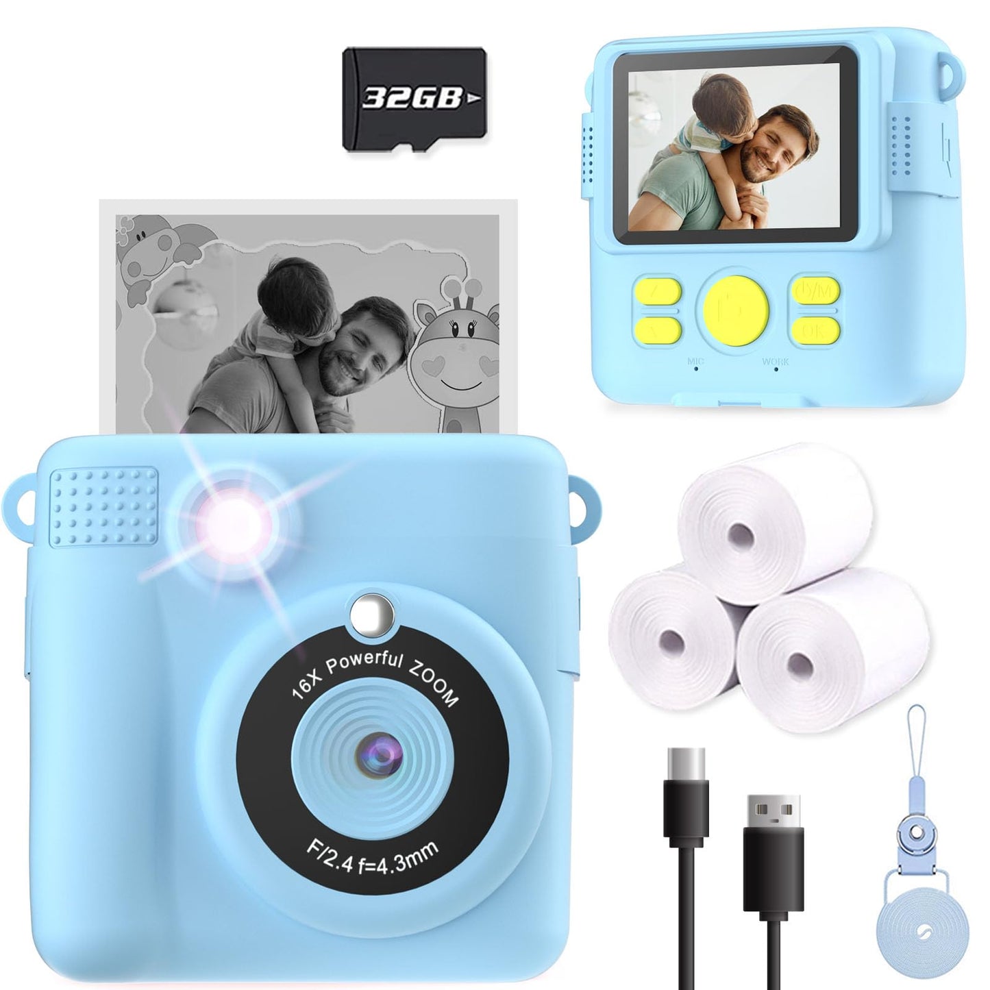 ESOXOFFORE Kids Camera Instant Print, Christmas Birthday Gifts for Kids Age 3-12, Selfie Digital Camera with 1080P Videos,Toddler Portable Travel Cameras Toy for 4 5 6 7 8 9 Year Old Boys Girls-Blue