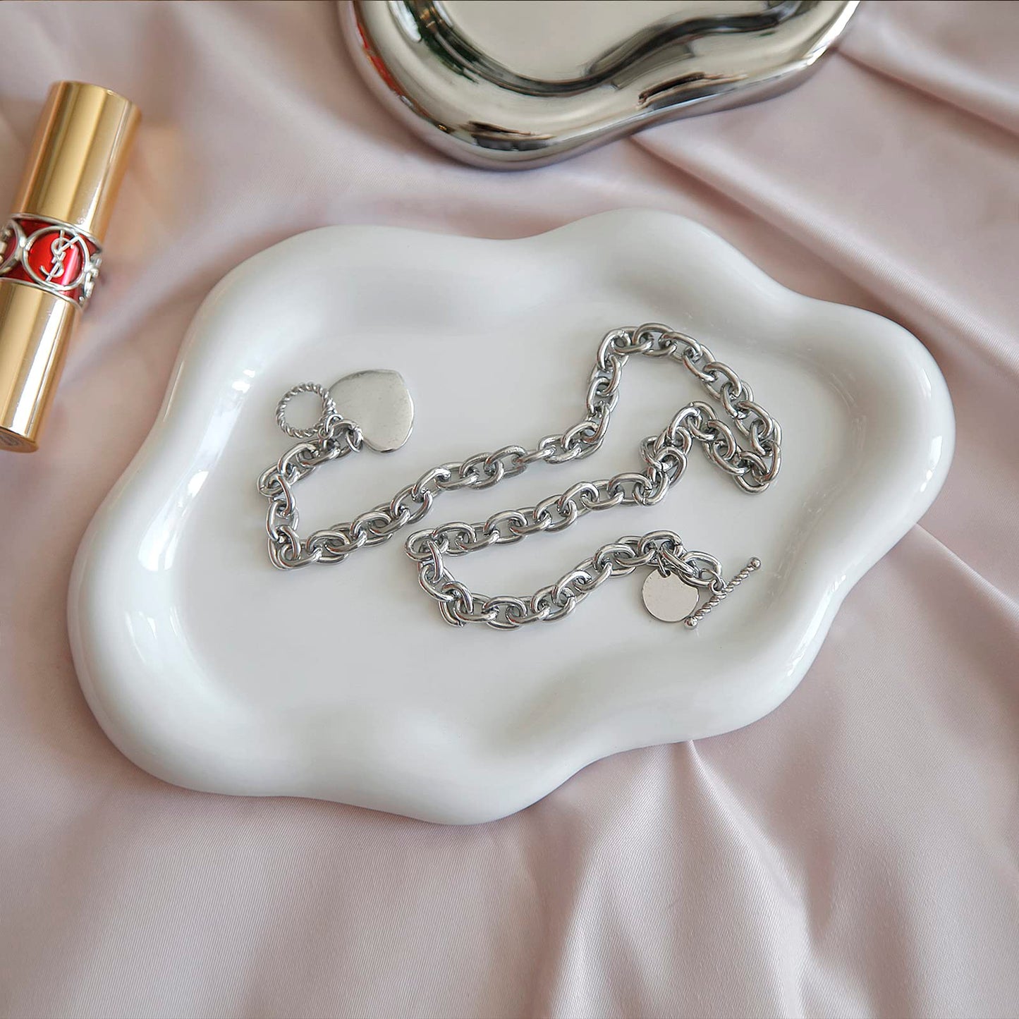 MDFAYE Jewelry Dish Trinket Tray for Women, Ring Dish Holder, Unique Cloud Shape Ceramic Plate Cute Things Vanity Aesthetic Room Decor Mother's Day Birthday (White)